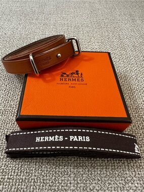 Authentic Hermes Brown Leather Wrap Bracelet with Orange Box